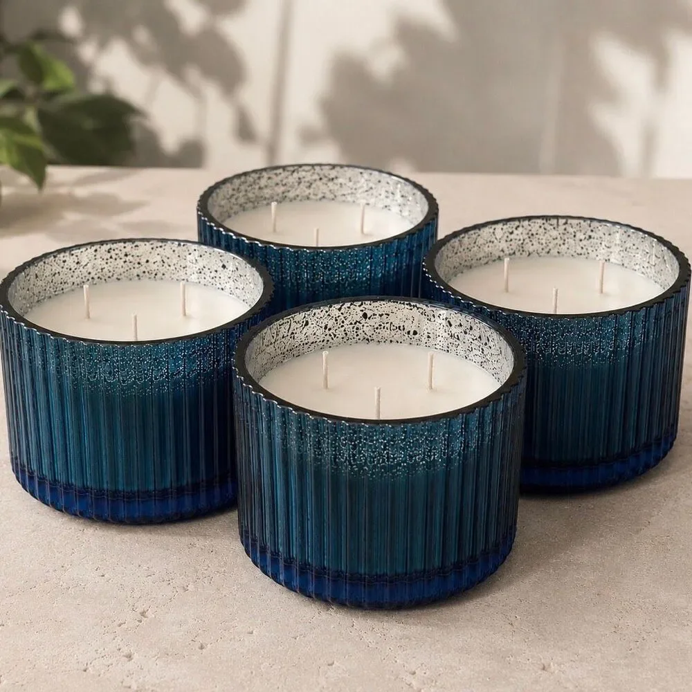 4 Malibu Lagoon Scented Candles 12 oz Triple Wick Blue Mercury Glass